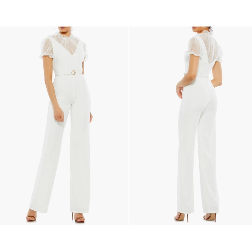 Ieena Mac Duggal White Crepe Illusion Jumpsuit Belted Size 2 NWT